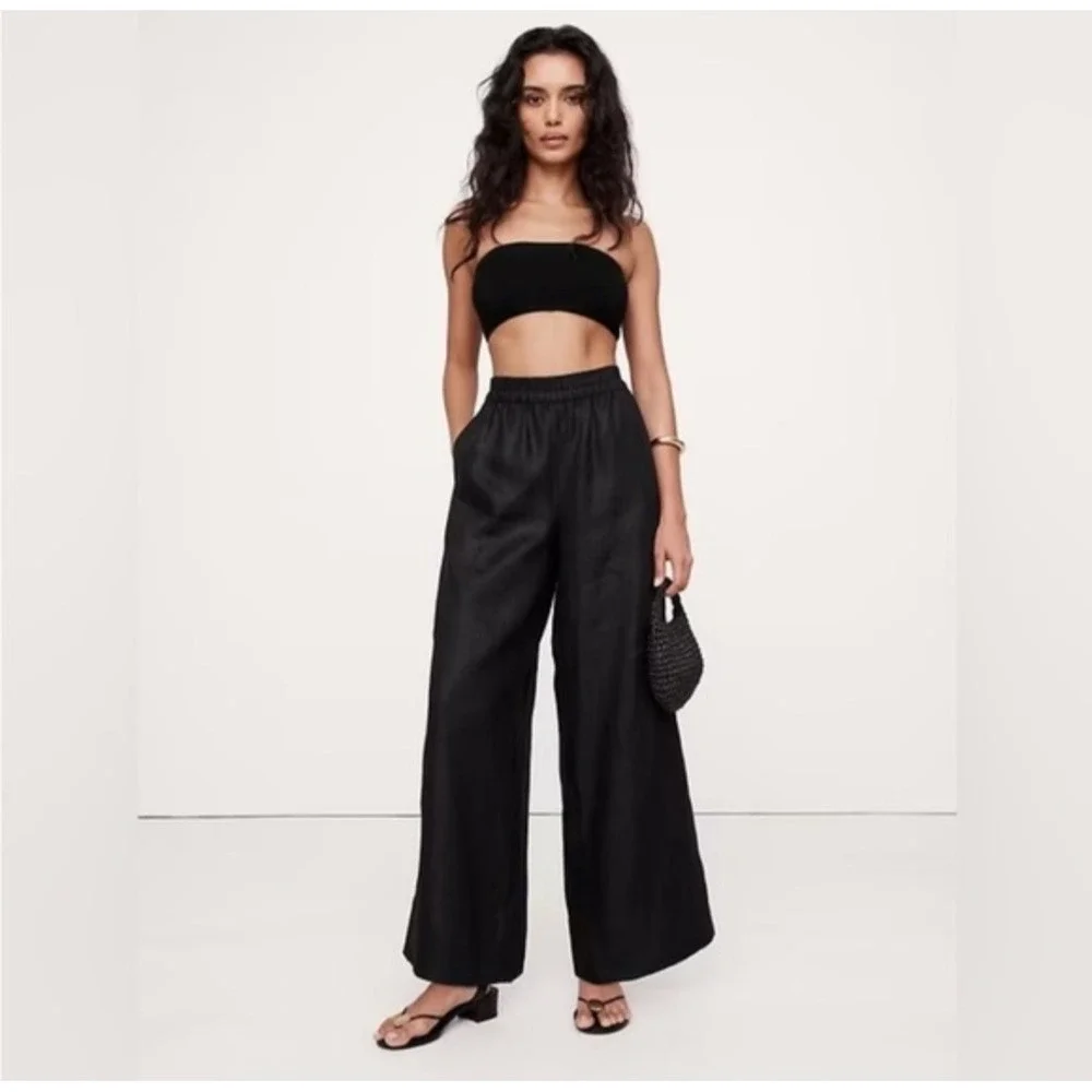 New Banana Republic‎ Pants XXL 100% Linen Pull-on Black Wide Leg Ankle Summer